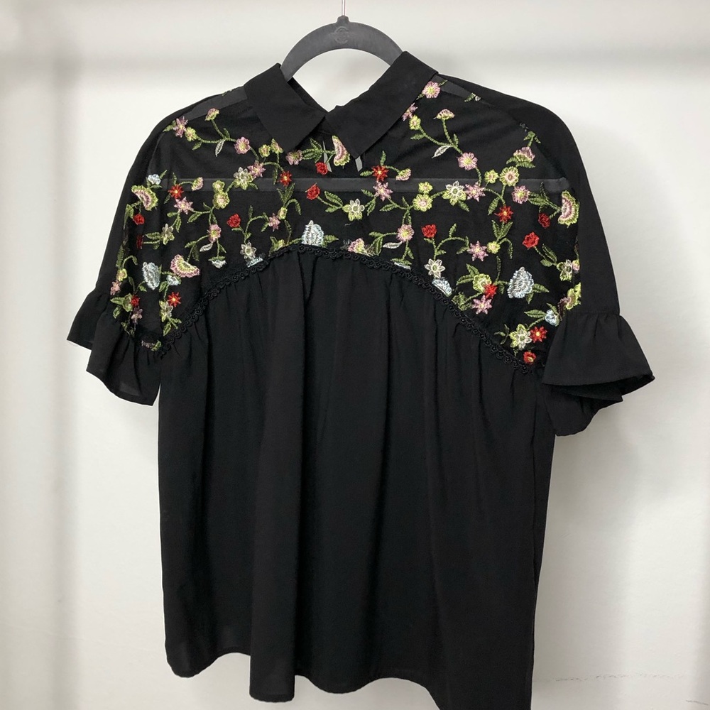 Embroidered Sheer Mesh Insert Tie Back Top